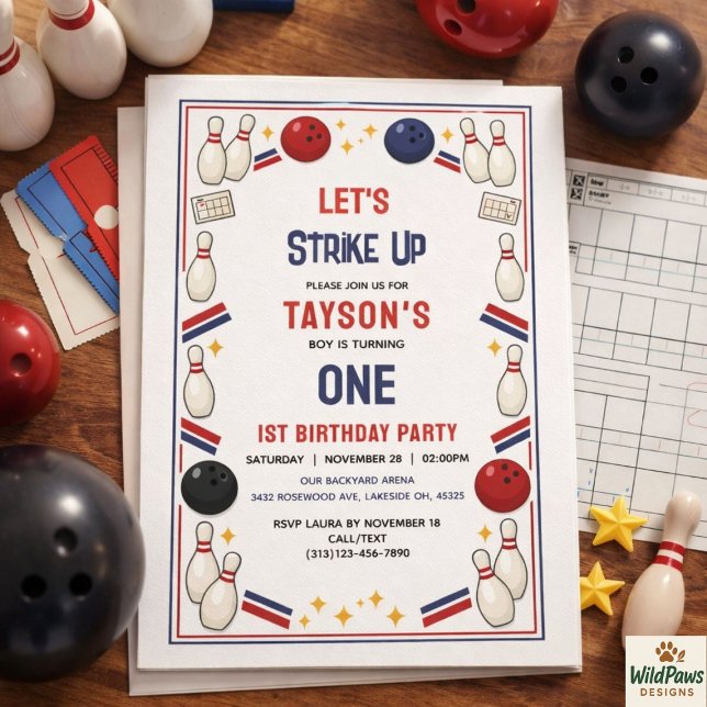 Convites Festa de Aniversário de 1 ano do Retro Bowling – C (Retro Bowling 1st Birthday Party – Fun Kids Invitation
)