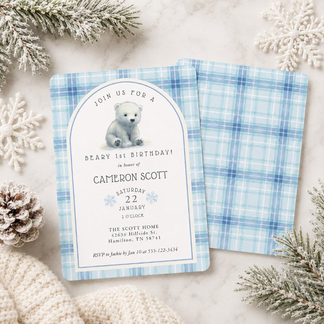 Convites Festa de Aniversário de 1 Ano do Urso Polar Fofo d (Winter Cute Polar Bear Beary 1st Birthday Party Invitation)
