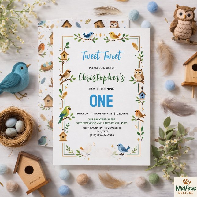 Convites Festa de Aniversário de 1 ano dos Passarinhos Fofo (Cute Birds 1st Birthday Party – Fun Kids Invitation
)