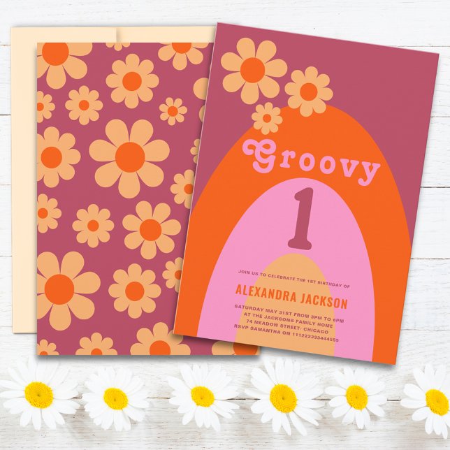 Convites Festa de Aniversário de 1 Ano Groovy One Retro Dai (Groovy 1 retro daisy arch orange and pink 1st birthday party invitation )