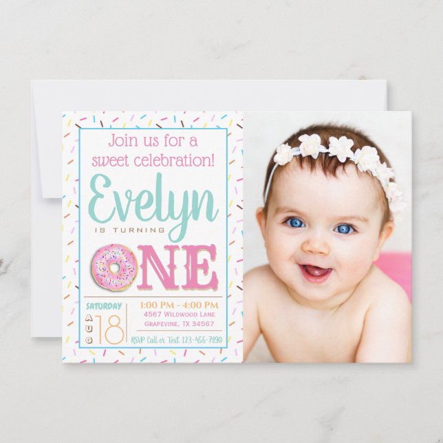 Convites Festa de Aniversário de 1 Ano Menina Donut Foto (Frente)