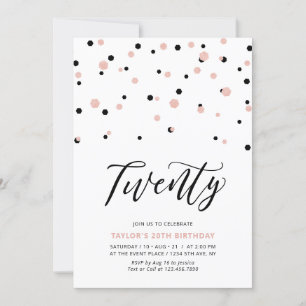 Convites Festa de Aniversário de 20 anos Black Rose gold Si