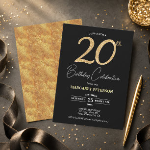 Convites Festa de Aniversário de 20 anos com Brilho Preto E
