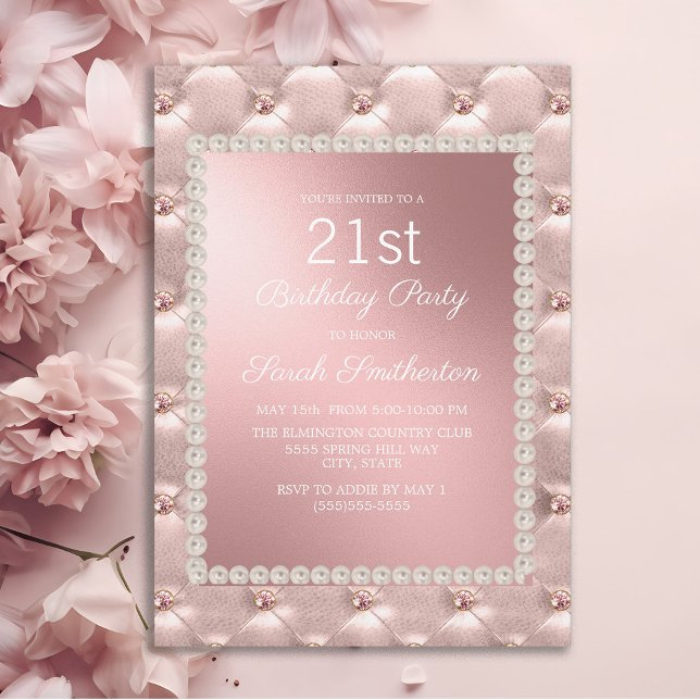 Convites Festa de aniversário de 21 anos branco cor-de-rosa (Elegant pink tufted 21st birthday party invitation)