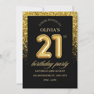 Convites Festa de Aniversário de 21 anos com Brilho Preto e