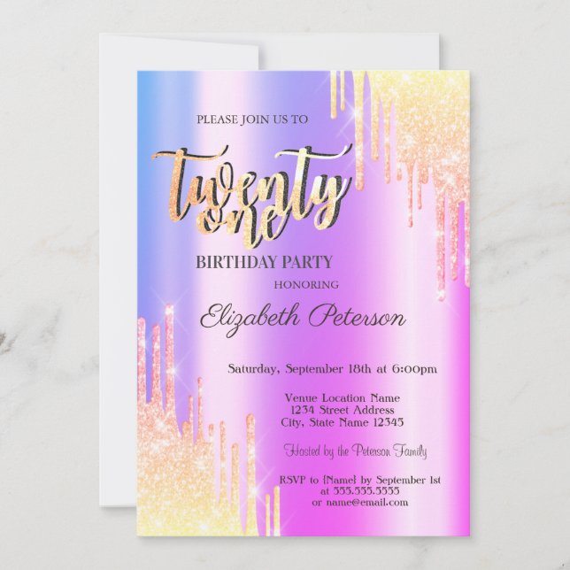 Convites Festa de Aniversário de 21 anos com Efeito Ombre e (Frente)