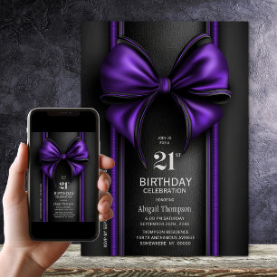 Convites Festa de Aniversário de 21 Anos com Laço Roxo Eleg