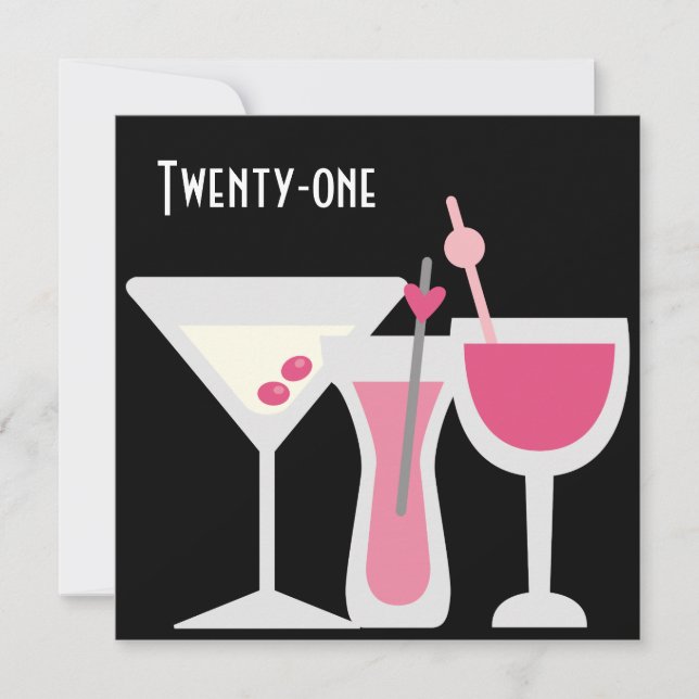 Convites Festa de Aniversário de 21 Anos da Mulher Drinks R (Frente)