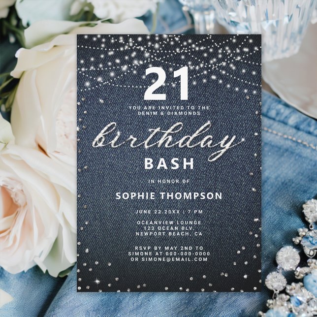 Convites Festa de aniversário de 21 anos das Luzes Russas d (denim and diamonds 21st birthday invitation for girls rustic lights simple modern classy elegant)