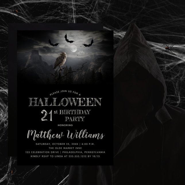 Convites Festa de aniversário de 21 anos de Halloween Noite (Beware the erie creepy, spooky night -- owl and bats Halloween-themed 21st Birthday Party design.  )