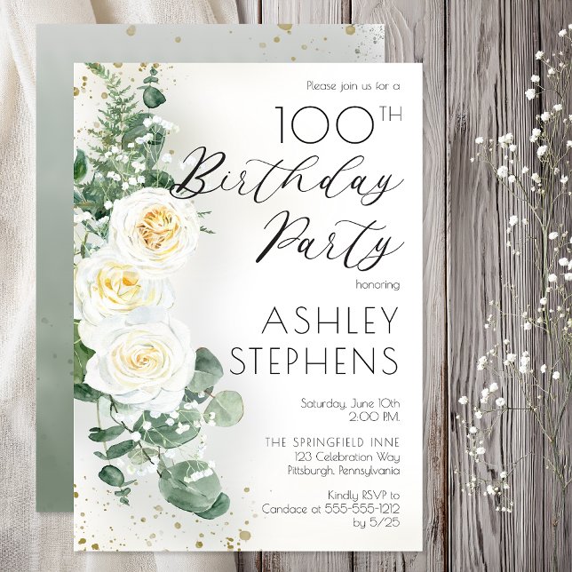 Convites Festa de Aniversário de 21 Anos Elegante Rosa Bran (100th Birthday Party Elegant White Rose Eucalyptus Floral --Print | Digital Download)