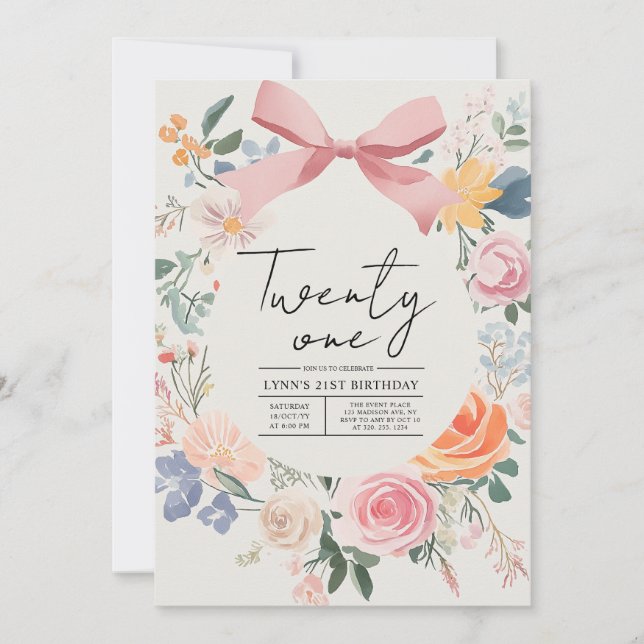 Convites Festa de aniversário de 21 anos floral simples e e (Frente)