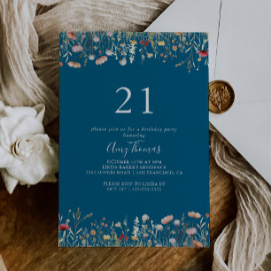 Convites Festa de Aniversário de 21 Anos Navy Blissful Boho