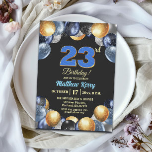 Convites Festa de Aniversário de 23 anos Azul Prata Dourado