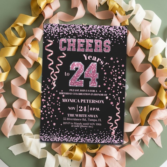 Convites Festa de Aniversário de 24 anos com Brilho Rosa  (Criador carregado)
