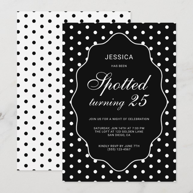 Convites Festa de Aniversário de 25 anos Chic com Bolinhas  (Frente/Verso)