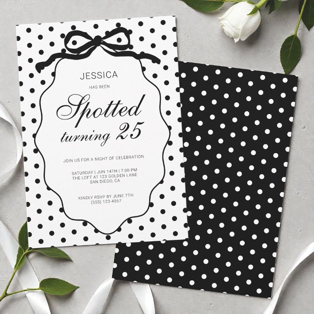 Convites Festa de Aniversário de 25 anos com Laço de Bolinh (Polka Dot Bow Spotted Turning 25th Birthday Party Invitation)