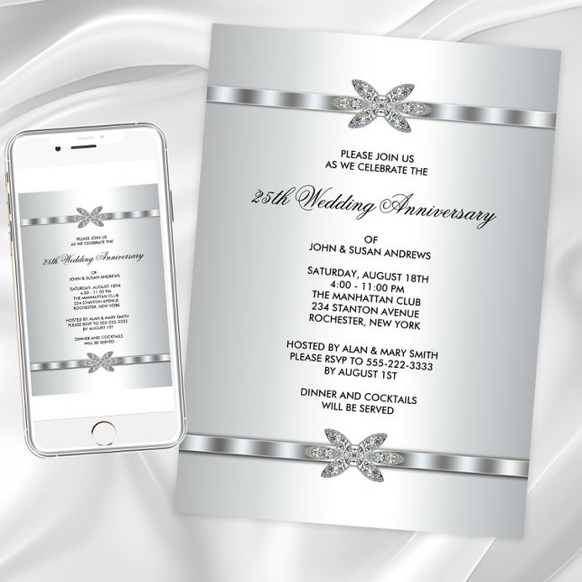 Convites Festa de Aniversário de 25 Anos Prata e Diamantes (Silver diamond any event invitation. Instant download and printed invitations available.)