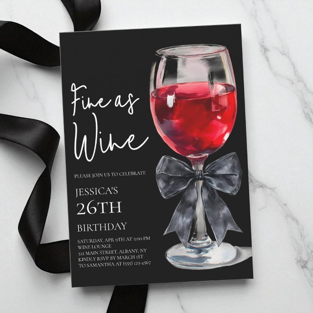Convites Festa de Aniversário de 26 anos Chic Black Bow Fin (Chic Black Bow Fine as Wine 26th Birthday Party Invitation)