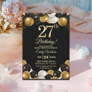 Convites Festa de Aniversário de 27 anos com Brilho Preto E
