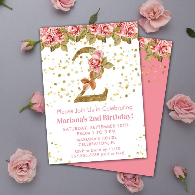 Convites Festa de Aniversário de 2 anos com Rosas Rosa Flor (Criador carregado)