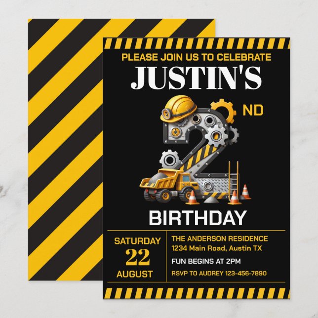 Convites Festa de Aniversário de 2 anos da Construção Fofa (Frente/Verso)