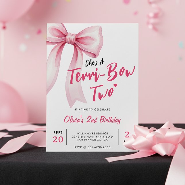 Convites Festa de Aniversário de 2 Anos das Meninas com Laç (Pink Bow Girls 2nd Birthday Party Terrible Two Invitation
)