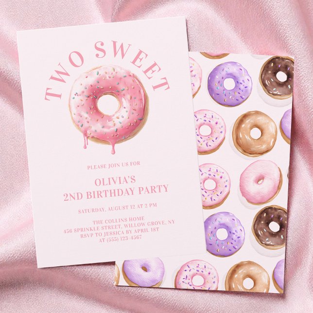 Convites Festa de Aniversário de 2 Anos das Meninas Donuts  (Pink Donuts Girls Two Sweet 2nd Birthday Party Invitation)
