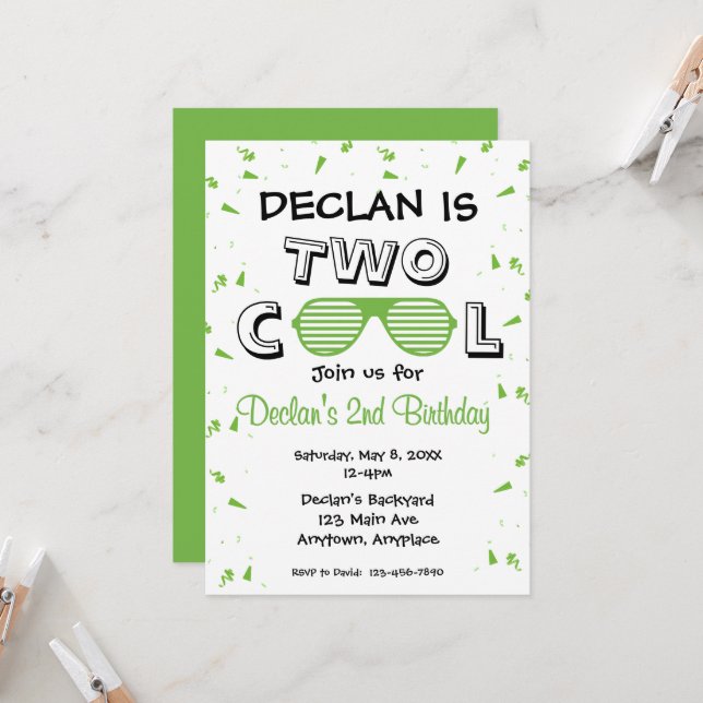 Convites Festa de Aniversário de 2 anos TWO Cool Sunglass (Frente/Verso In Situ)