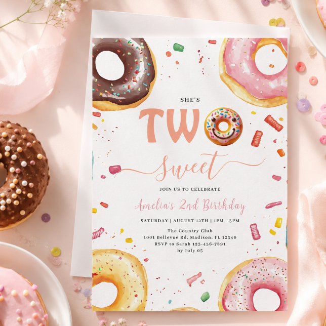 Convites Festa de Aniversário de 2 anos Two Sweet Donuts (Two Sweet Donuts 2nd Birthday party Invitation)