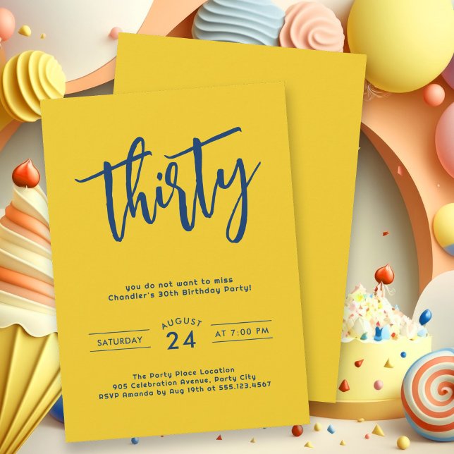 Convites Festa de aniversário de 30 anos Amarelo Simples e  (This bold yellow 30th birthday party invitation gets your party started with pizzazz.)