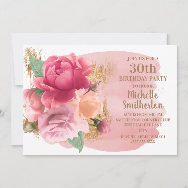 Convites Festa de Aniversário de 30 Anos com Flores Rosas e (Frente)