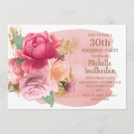 Convites Festa de Aniversário de 30 Anos com Flores Rosas e