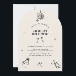 Convites festa de aniversário de 30 anos com puxador de mão<br><div class="desc">Creme e aniversário de 30 anos preto desenhado à mão bebe coquetel de arco de bola de disco coquetel convidado.</div>