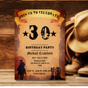 Convites Festa de aniversário de 30 anos cowboy velho papel