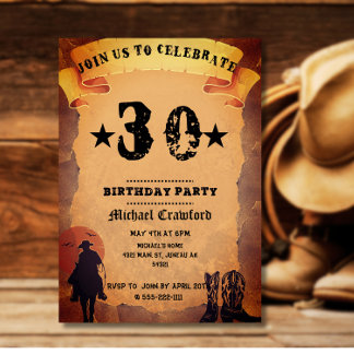Convites Festa de aniversário de 30 anos cowboy velho papel