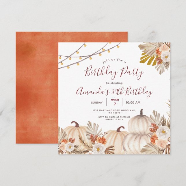 Convites Festa de Aniversário de 30 anos da Abóbora Boho Gr (Frente/Verso)