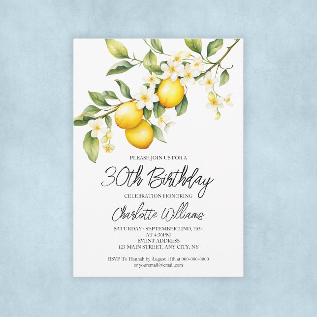 Convites Festa de aniversário de 30 anos de Aquarela do Tem (Lemon Theme Watercolor 30th Birthday Party Invitation
)