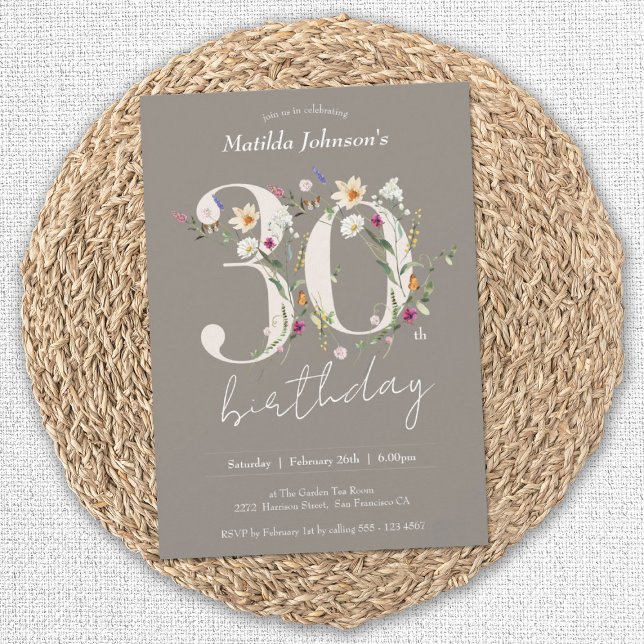 Convites Festa de aniversário de 30 anos de Flores Selvagen (30th Birthday Wildflowers Elegant Floral Invitation)