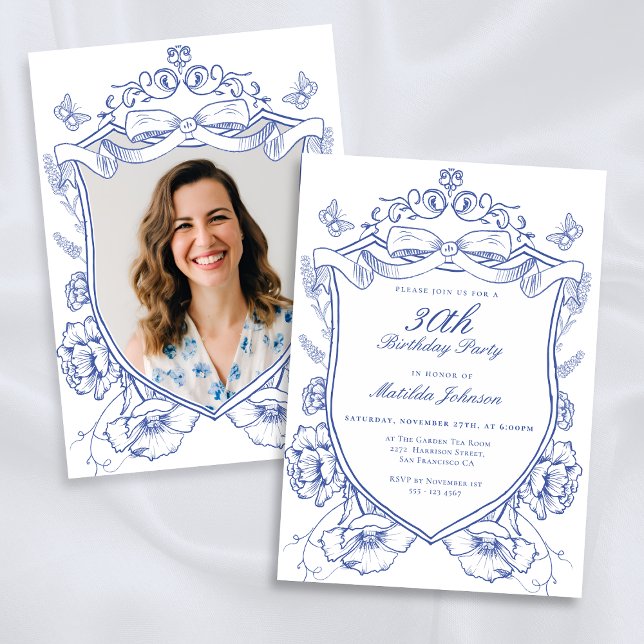 Convites Festa de aniversário de 30 anos de Fotografia Pers (Blue Floral Custom Photo 30th Birthday Party Invitation)