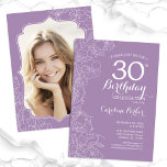 Convites Festa de aniversário de 30 anos de Fotografia Puro<br><div class="desc">convite de festas lavanda floral roxo aniversário de 30 anos com sua foto na parte traseira da placa. Elegante design moderno com desenhos botânicos desenhados em destaque e letra de script de tipografia. Simples trendy convida cartão perfeito para uma festa de na moda. Pode ser personalizado para qualquer idade. Impressos...</div>