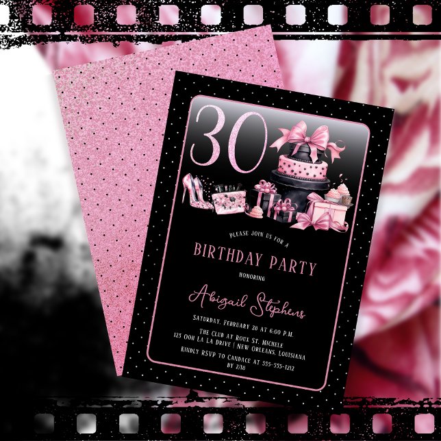 Convites Festa de aniversário de 30 anos de Moda Preta Glam (Glam Pink and Black French Couture Fashion 30th Birthday Party Invitation)