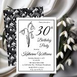 Convites Festa de aniversário de 30 anos de Neves Elegante<br><div class="desc">Neve elegante,  mês de nascimento,  design de "Partido aniversário de 30 anos" do design floral com um motif floral de queda de neve com um padrão floral de queda de neve preto e branco atrás.</div>