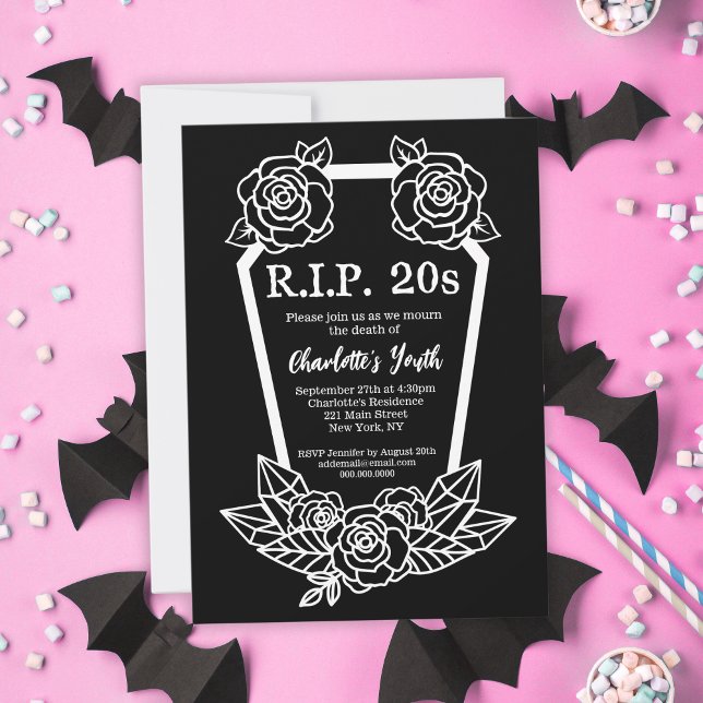 Convites Festa de aniversário de 30 anos de Rosa de de de   (Rip 20s Black Roses Coffin 30th Birthday Party Invitation
)