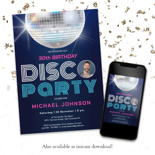 Convites Festa de aniversário de 30 anos do Disco Personali (30th Birthday Disco Party Retro Fun Custom Photo Invitation)