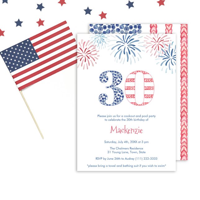Convites Festa de aniversário de 30 anos do Fogos de Artifí (A 30th birthday party invitation design with the American flag taking center stage)