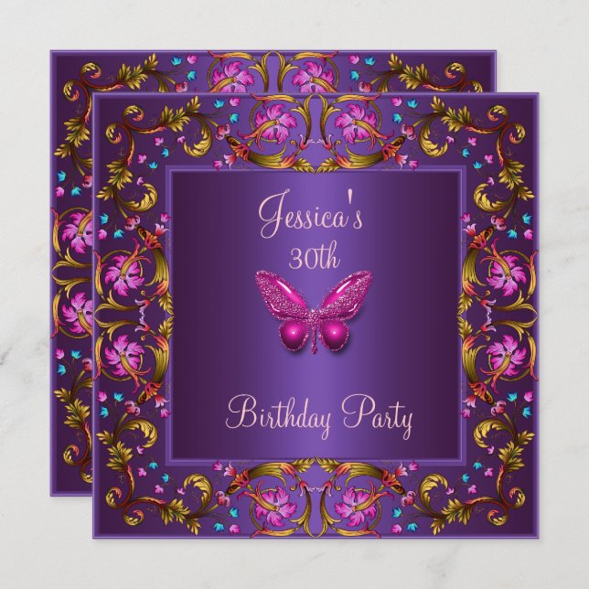 Convites Festa de Aniversário de 30 anos Floral Borboleta R (Frente/Verso)