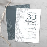 Convites Festa de aniversário de 30 anos Floral Branco Azul<br><div class="desc">Convite de festas Floral Branco de aniversário de 30 anos Chato Azul. Design minimalista moderno com desenhos botânicos em destaque e letra de script de tipografia. Simples trendy convida cartão perfeito para uma festa de na moda. Pode ser personalizado para qualquer idade. Impressos convites Zazzle ou modelo de impressão digital...</div>