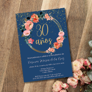 Convites Festa de Aniversário de 30 Anos Floral Chic Dourad