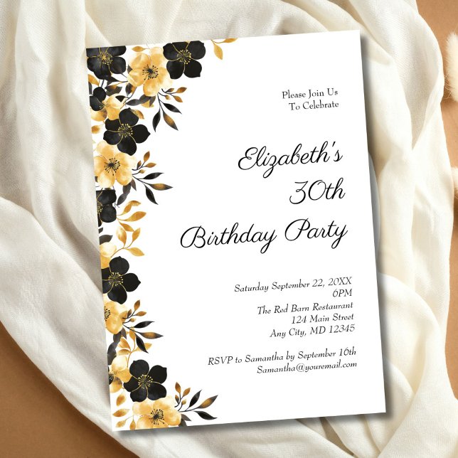 Convites Festa de aniversário de 30 anos Floral Dourada Pre (Black Gold Floral Watercolor 30th Birthday party invitation)